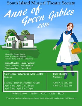 Anne of Green Gables @ Cowichan Performing Arts Centre Apr 1 2016 - Jun 25th @ Cowichan Performing Arts Centre