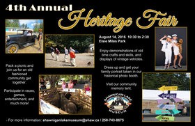Heritage Fair and Family Picnic @ Elsie Miles Park, Shawnigan Lake Aug 14 2016 - Jun 25th @ Elsie Miles Park, Shawnigan Lake