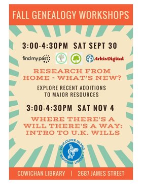 Genealogy Research From Home - What's New? @ Vancouver Island Regional Library (Cowichan Branch) Sep 30 2017 - Jun 25th @ Vancouver Island Regional Library (Cowichan Branch)