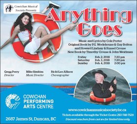 Anything Goes: Gregg Perry  (Directory), Mike Simkins  (Musical Director), Ricki-Lee Allison  (Choreographer) @ Cowichan Performing Arts Centre Feb 4 2018 - Jun 25th @ Cowichan Performing Arts Centre