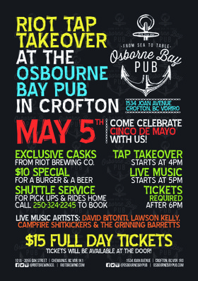 Riot Tap Takeover: David Bitoni, Lawson Kelly, CAMPFIRE SHITKICKERS, The Grinning Barretts @ Osborne Bay Pub May 5 2018 - Jun 25th @ Osborne Bay Pub