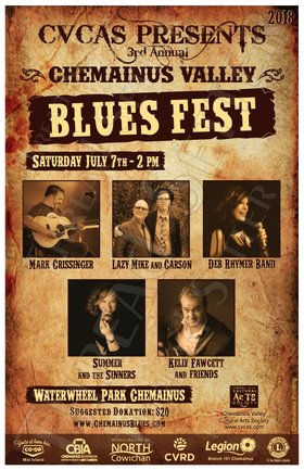 Chemainus Valley Blues Fest: Mark Crissinger, Lazy Mike and Carson, Summer and The Sinners, Kelly Fawcett Band, The Deb Rhymer Band @ Chemainus Waterwheel Park Bandshell Jul 7 2018 - Jun 26th @ Chemainus Waterwheel Park Bandshell