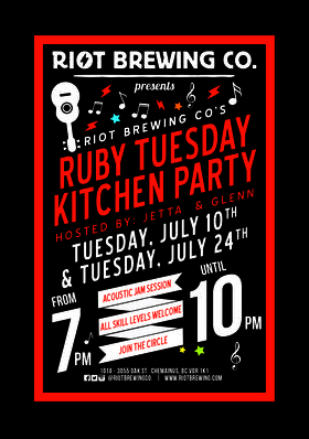Ruby Tuesday:  Glenn and Jetta (Hosted by) @ Riot Brewing Co. Jul 24 2018 - Jun 26th @ Riot Brewing Co.
