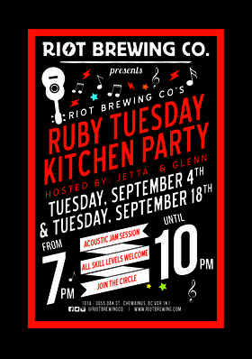 Ruby Tuesday Kitchen Party - Hosted By Jetta & Glenn @ Riot Brewing Co. Sep 4 2018 - Jun 26th @ Riot Brewing Co.