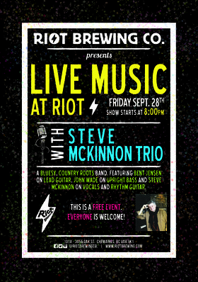 Live Music At Riot: Steve McKinnon Trio, Bent Jensen  (on lead guitar), John Wade (on upright bass) @ Riot Brewing Co. Sep 28 2018 - Jun 26th @ Riot Brewing Co.