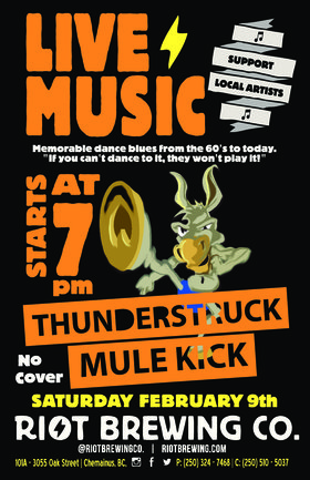 Live Music at Riot: Thunderstruck Mule Kick @ Riot Brewing Co. Feb 9 2019 - Jun 26th @ Riot Brewing Co.