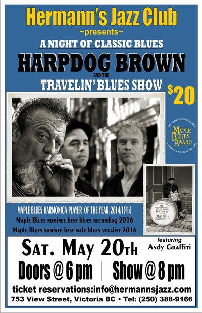 A Night of Classic Blues: Harpdog Brown, & the Travelin' Blues Show @ Hermann's Jazz Club May 20 2017 - May 6th @ Hermann's Jazz Club