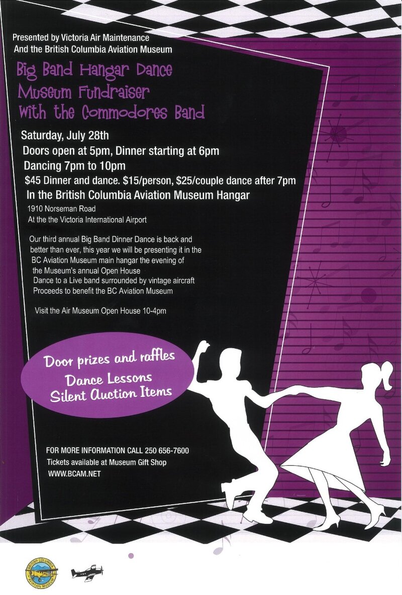 BC Aviation Museum Big Band Dinner/Dance Fundraiser: Commodores Big Band, Kim Greenwood @ BC Aviation Museum, 1910 Norseman Rd, North Saanich, BC V8L 5V5 - Jul 28, 2018
