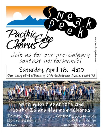SNEAK PEEK: PACIFIC EDGE CHORUS, SOUTH ISLAND HARMONY CHORUS @ Our Lady of the Rosary Hall - Apr 18, 2020