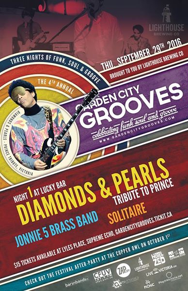 Garden City Grooves Festival - Prince Tribute (Opening Night): Diamonds and Pearls , Solitaire, Jonnie 5 Brass Band, Rafferty Funksmith @ Lucky Bar Sep 29 2016 - May 7th @ Lucky Bar