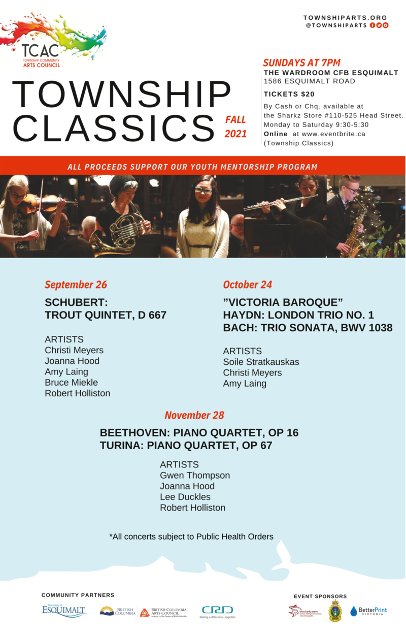 Township Classics Plays the Trout Quintet: Christi Meyers, Joanna Hood, Robert Holliston, Amy Laing, Bruce Meikle @ Wardroom - CFB Esquimalt Sep 26 2021 - May 6th @ Wardroom - CFB Esquimalt