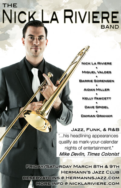 The Nick La Riviere Band @ Hermann's Jazz Club Mar 8 2019 - Jun 5th @ Hermann's Jazz Club