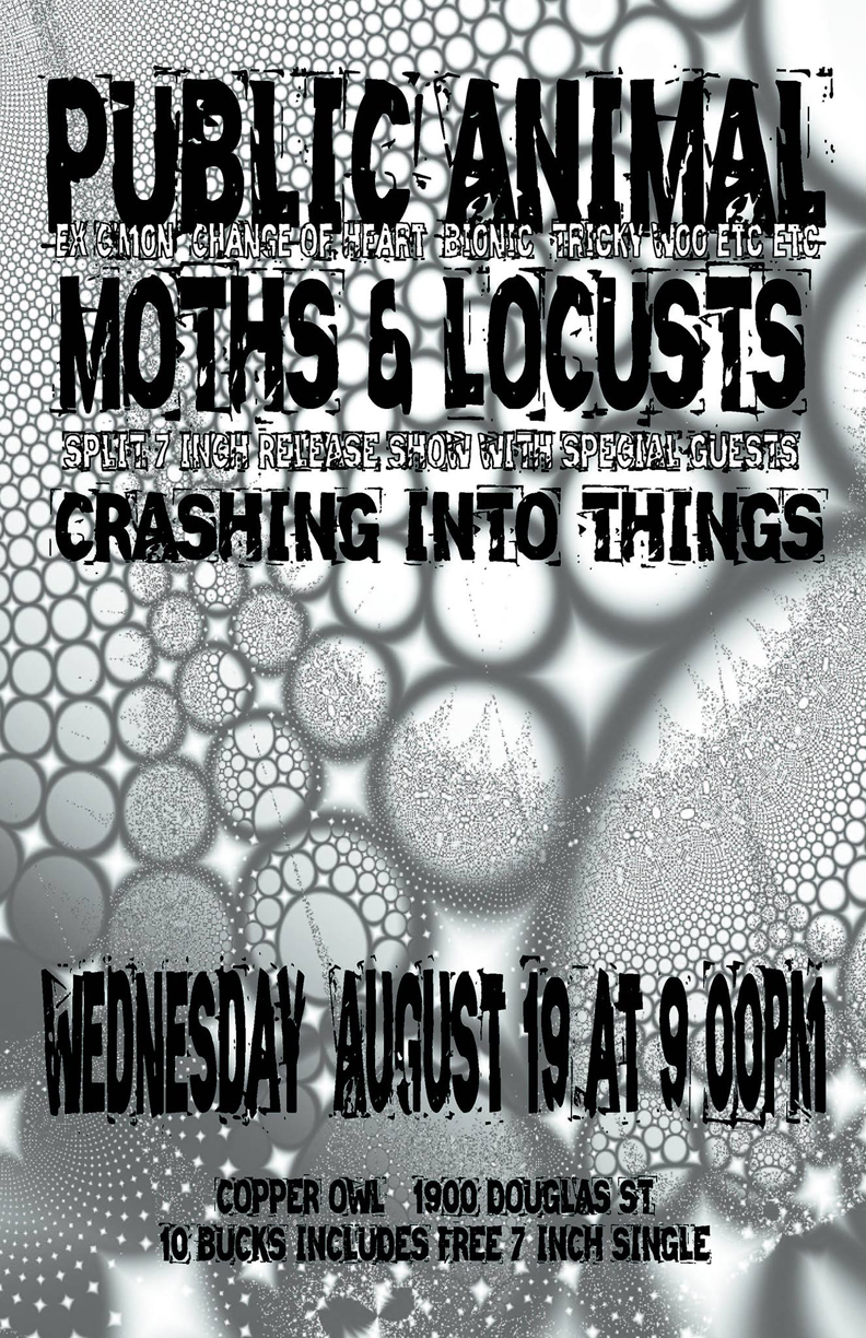 Public Animal, Moths and Locusts, Crashing Into Things @ Copper Owl Aug 19 2015 - May 12th @ Copper Owl
