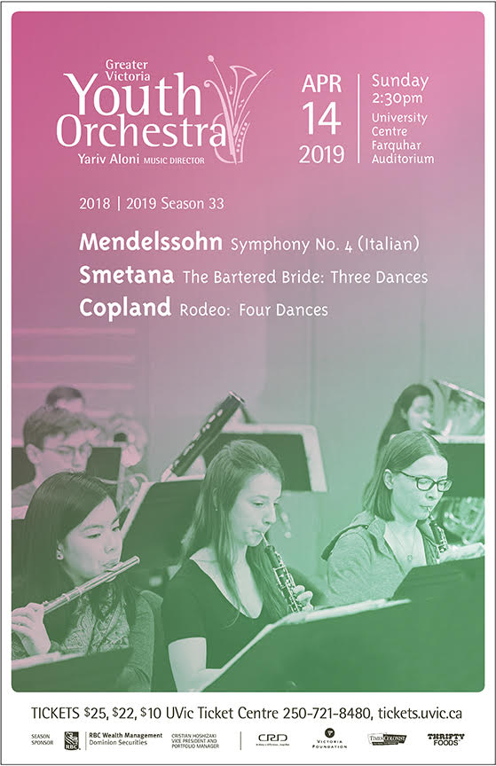 Mendelssohn's Symphony No. 4: Greater Victoria Youth Orchestra , Yariv Aloni, Music Director @ The Farquhar at UVic Apr 14 2019 - May 6th @ The Farquhar at UVic