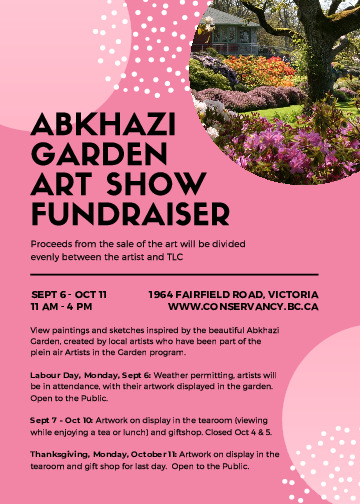 Abkhazi Garden Art Show Fundraiser: Trish Shwart, Jessica Stepushyn, Elaine Morton , Sharon Stone, Ann Nolte, Jill Sabre, Joan Head, Myra Baynton, Niramon Prudtatorn, Avis Rasmussen, Joan Borutskie @ ABKHAZI GARDEN Sep 6 2021 - May 5th @ ABKHAZI GARDEN