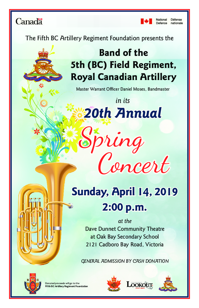 Free military band concert: Band of the 5th  Field Regiment, Royal Canadian Artillery (BC) @ Dave Dunnet Theatre - Apr 14, 2019
