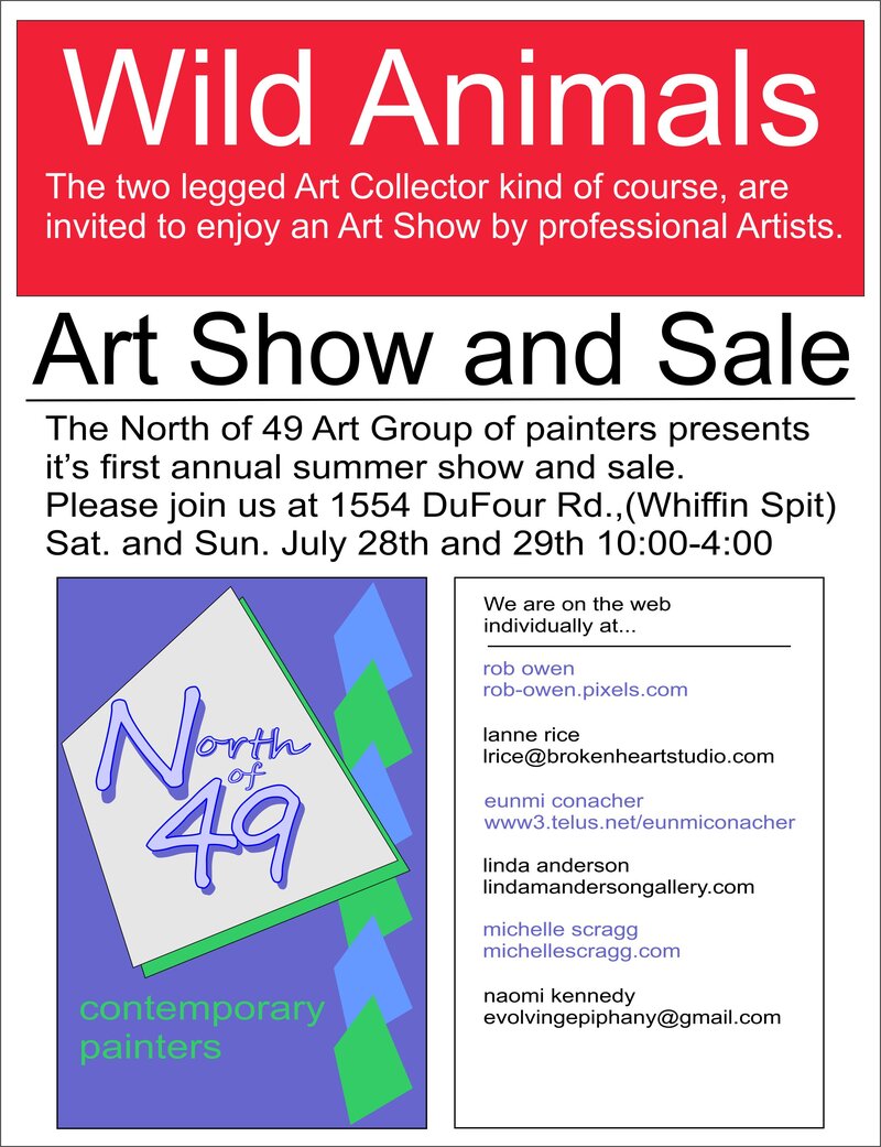 North of 49 Contemporary Painters, Art Show and Sale: Rob Owen  (rob-owen.pixels.com), Lanne Rice  (BrokenHeartStudio.com), Eunmi Conacher (www3.telus.net/eunmiconacher), Linda Anderson (lindaandersongallery.com), Michelle Scragg  (michellescragg.com), Naomi Kennedy @ 1554 DuFour Road - Jul 28, 2018