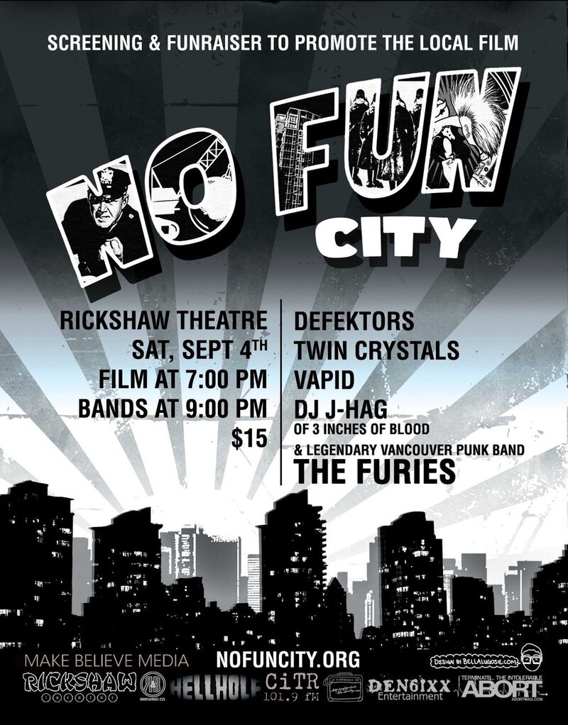 No Fun City screening / show / fundraiser: The Furies, Defektors, Twin Crystals, Vapid, DJ Justin Hagberg @ Rickshaw Theatre Sep 4 2010 - May 6th @ Rickshaw Theatre