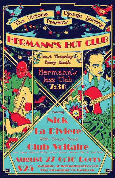 The Victoria Django Society presents Hermann's Hot Club Featuring Nick LA Riviere with house band Club Voltaire: Nick La Riviere, Club Voltaire, Oliver Swain, Richard Moody, Reuben Wier, Paul Dowd @ Online Aug 27 2020 - May 6th @ Online