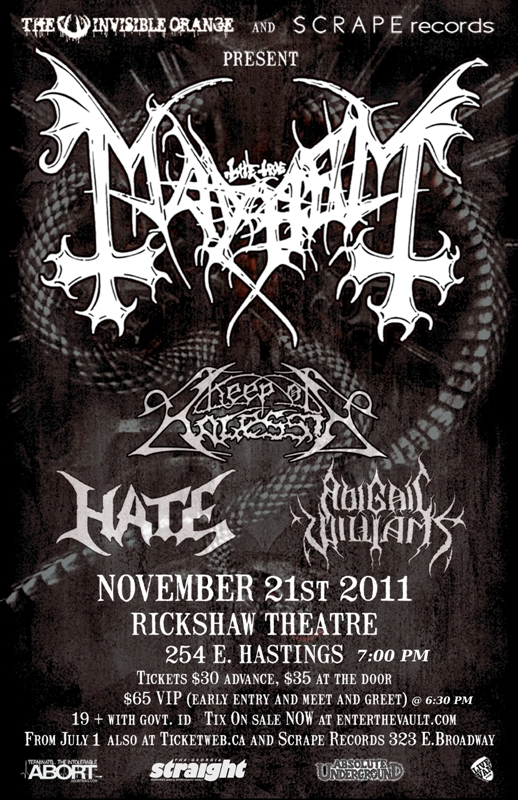 Norwegian Black Metal Pioneers: MAYHEM, Keep Of Kalessin, Hate, Abigail Williams @ Rickshaw Theatre Nov 21 2011 - May 13th @ Rickshaw Theatre