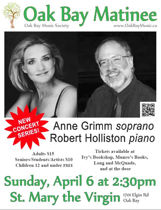 An Afternoon Concert of Beautiful Songs with: Anne Grimm (soprano), Robert Holliston (piano) @ St. Mary's Anglican Church Apr 6 2014 - May 6th @ St. Mary's Anglican Church
