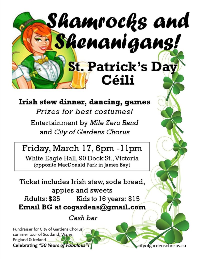 St. Patrick's Day C&eacute;il&iacute; ~ SHAMROCKS and SHENANIGANS!: Mile Zero Band, City of Gardens Chorus, surprise guest @ White Eagle Polish Hall Mar 17 2017 - May 6th @ White Eagle Polish Hall