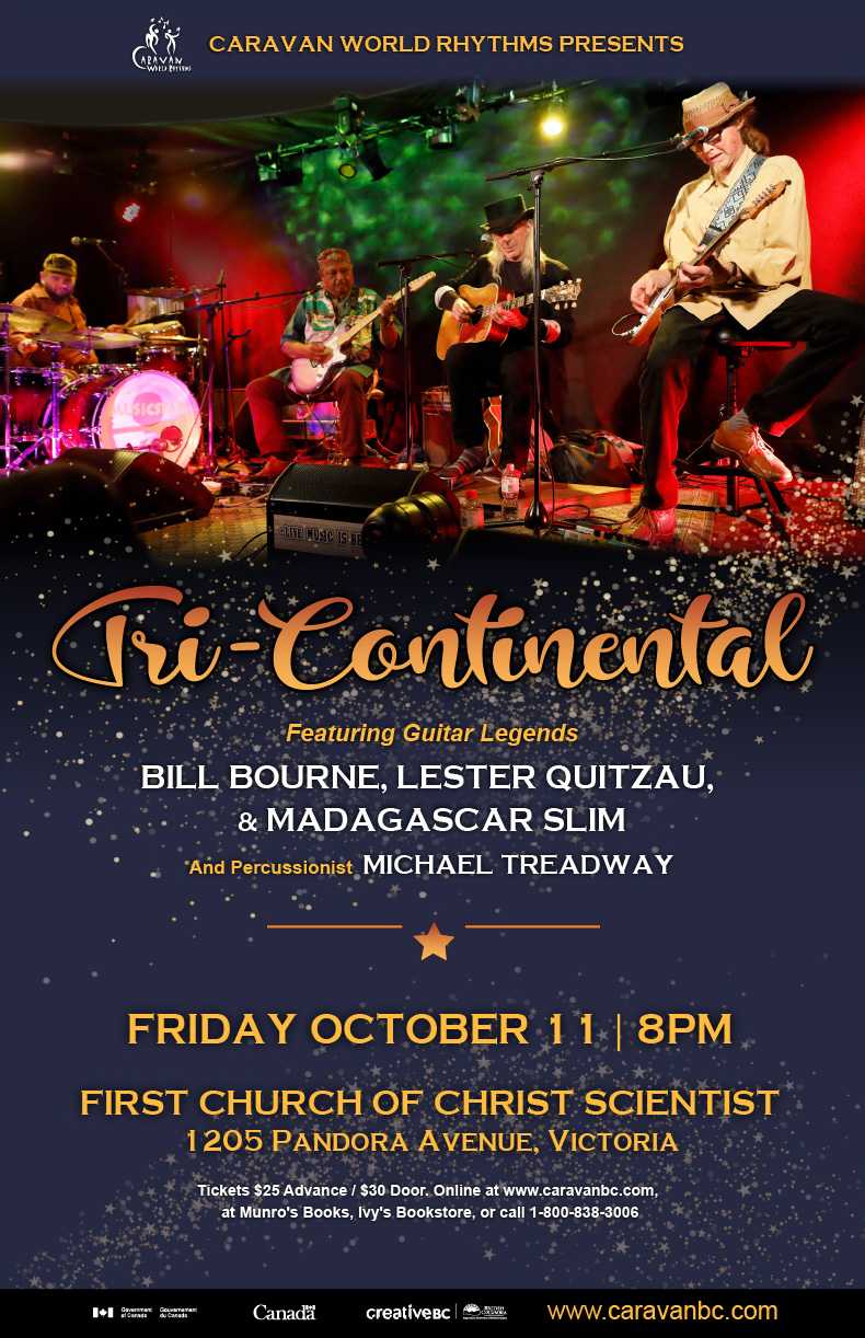 Tricontinental Blues Guitar Trio: Bill Bourne, Lester Quitzau, Madagascar Slim @ First Church of Christ, Scientist Oct 11 2019 - May 5th @ First Church of Christ, Scientist