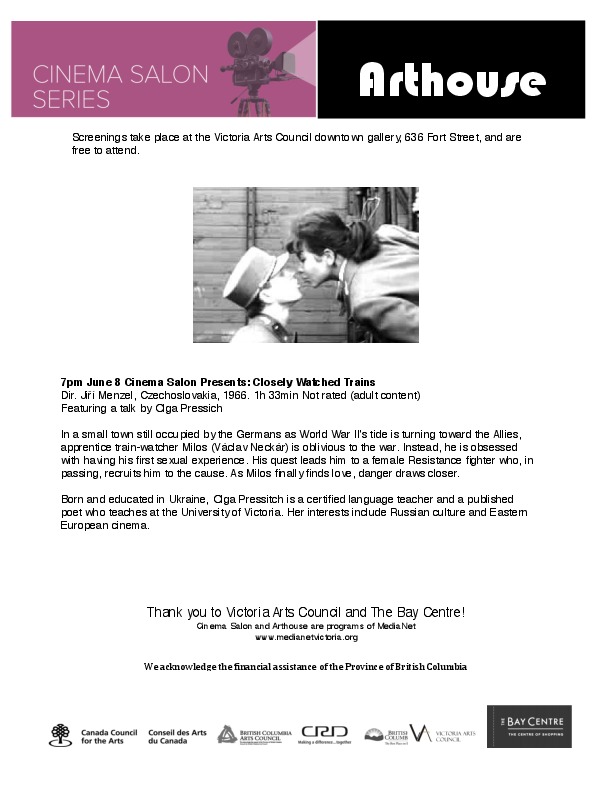 Cinema Salon Presents Closely Watched Trains @ Victoria Arts Council Jun 8 2017 - May 12th @ Victoria Arts Council