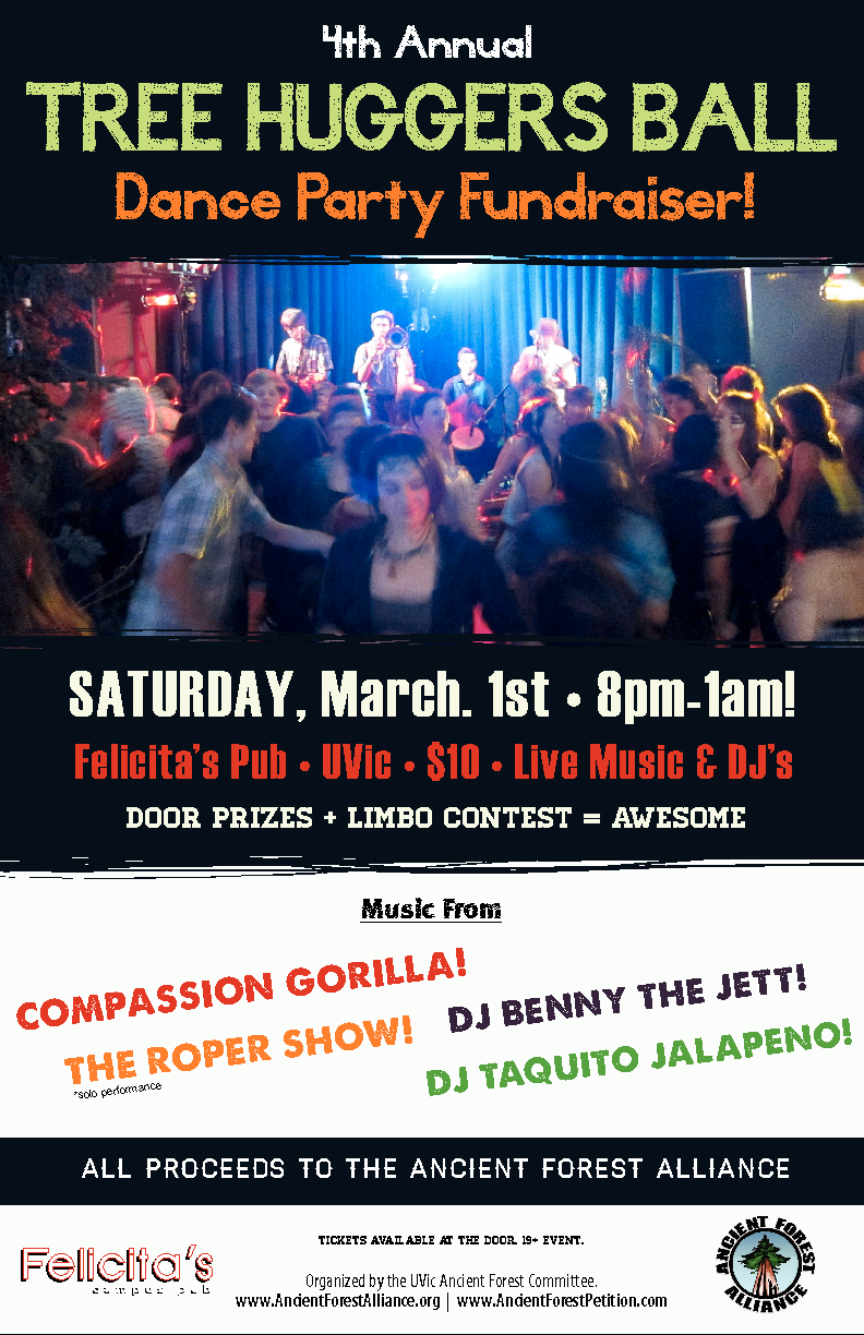 4th Annual Tree Huggers Ball Dance Party Fundraiser!: Compassion Gorilla, The Roper Show (solo act), DJ BENNY THE JETT, DJ Taquito Jalapeno @ Felicita's Pub Mar 1 2014 - May 12th @ Felicita's Pub