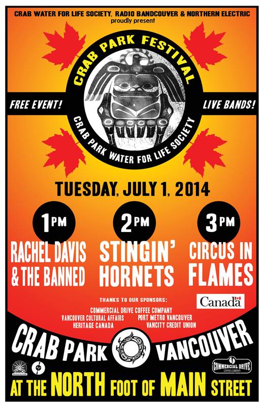 Crab Park Canada Day Festival 1-4pm: Circus In Flames, The Stingin' Hornets, Rachel Davis and The Banned  @ Crab Park @ Portside Jul 1 2014 - May 6th @ Crab Park @ Portside