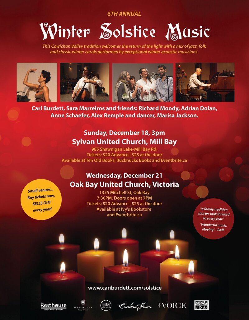 6th Annual Winter Solstice Concert: Cari Burdett, Sara Marreiros, Anne Schaefer, Richard Moody, Adrian Dolan, Alex Rempel , Marisa Coco Jackson @ Sylvan United Church Dec 18 2016 - May 7th @ Sylvan United Church