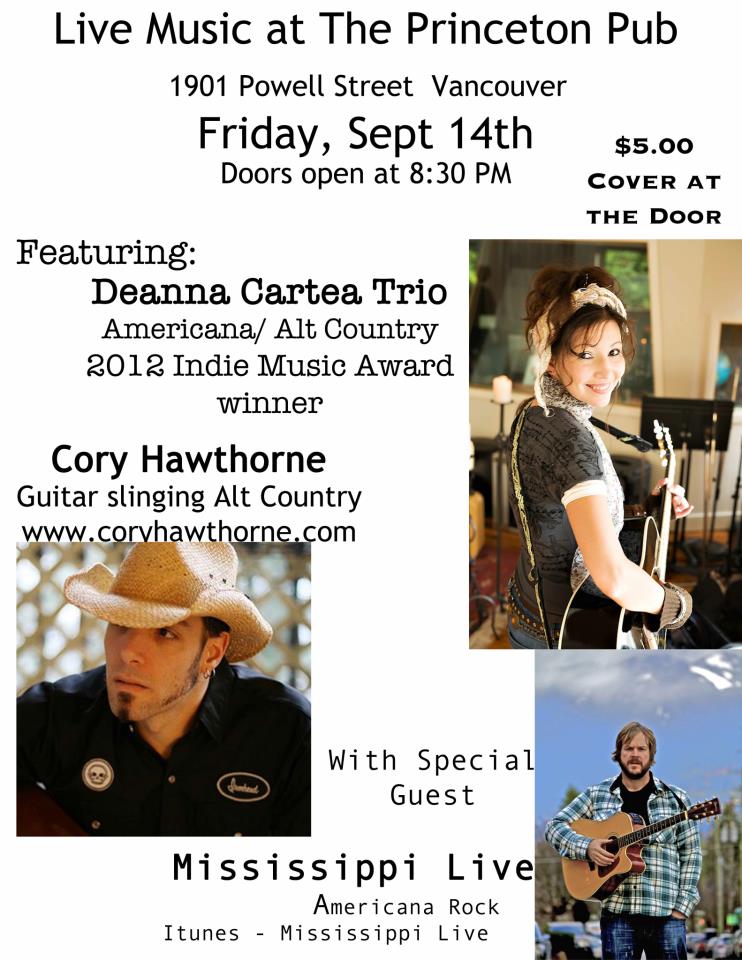 Connelly Farr, Deanna Cartea Band, Cory Hawthorne @ Princeton Pub Sep 14 2012 - May 6th @ Princeton Pub