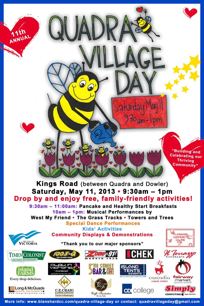 Join us for the 11th annual Quadra Village Day, a FREE, fun, all-ages event with activities for children and teens, two breakfasts, and music and dance performances.: West My Friend, The Grass Tracks, Towers and Trees @ Kings Rd between Quadra and Dowler (901 Kings Rd) - May 11, 2013