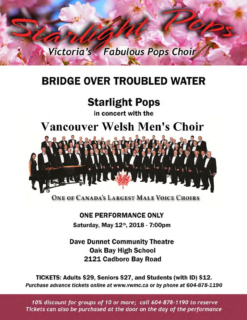 Vancouver Welsh Men's Choir with Starlight Pops: BRIDGE OVER TROUBLED WATER: Vancouver Welsh Men's Choir, Starlight Pops  @ Dave Dunnet Theatre  May 12 2018 - May 28th @ Dave Dunnet Theatre 