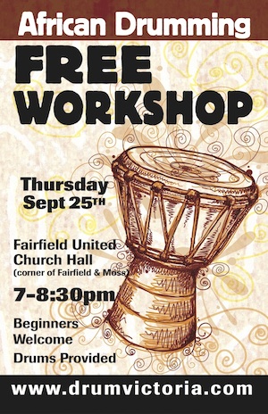FREE drumming workshop @ Fairfield United Church Sep 25 2014 - May 6th @ Fairfield United Church