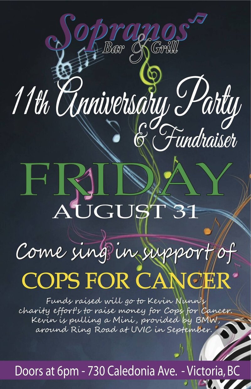 Soprano's 11th Anniversary + Fundaraiser: Cops for Cancer for the Kids @ Soprano's Aug 31 2012 - Jun 5th @ Soprano's