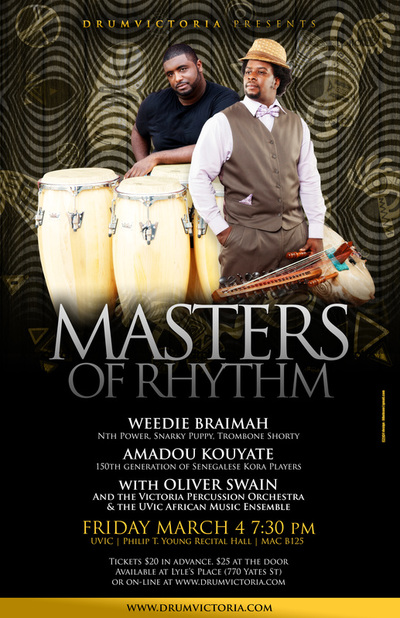 MASTERS OF RHYTHM: Weedie Braimah, Amadou Kouyte, Oliver Swain, The Victoria Percussion Ensemble, The Uvic African Music Ensemble @ Phillip T. Young Recital Hall (Uvic) Mar 4 2016 - May 16th @ Phillip T. Young Recital Hall (Uvic)