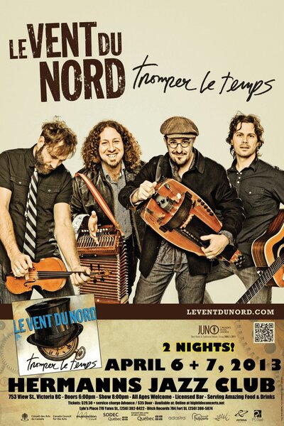 FROM QUEBEC: TRADITIONAL FOLK MUSIC MIXED WITH SWING, CAJUN, CELTIC, IRISH, BLUES AND JAZZ: Le Vent du Nord @ Hermann's Jazz Club Apr 6 2013 - May 6th @ Hermann's Jazz Club