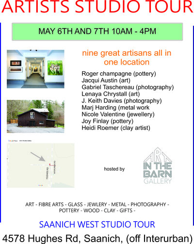 Saanich West Studio Tour: Roger Champagne, jacqui austin, J Keith Davies, Gabriel Taschereau, Nicole Valentine, Marj Harding, Heidi Roemer, Lenaya Chrystall, Joy Finlay @ Art In The Barn Gallery - May 06, 2017
