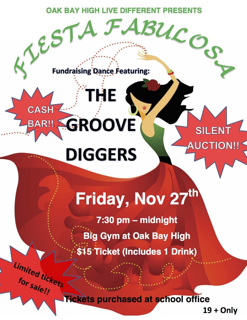 Fiesta Fabulosa Live Different Fundraising Dance: Groove Diggers @ Oak Bay High Theatre Nov 27 2015 - May 1st @ Oak Bay High Theatre