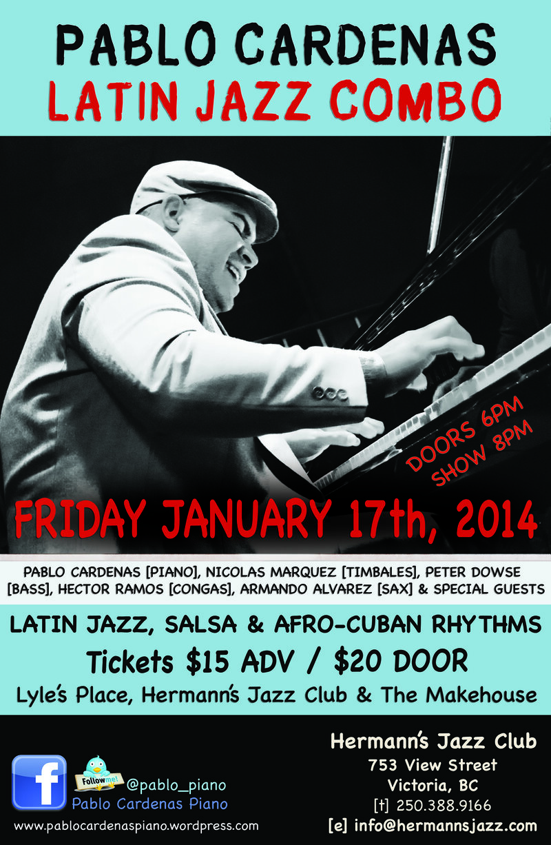 An evening of Latin Jazz and Afro-Cuban rhythms with Pablo Cardenas and his Latin Jazz Combo.: Pablo Cardenas, Hector Ramos, Nicolas Marquez, Armando Alvarez, Peter Dowse @ Hermann's Jazz Club Jan 17 2014 - May 18th @ Hermann's Jazz Club