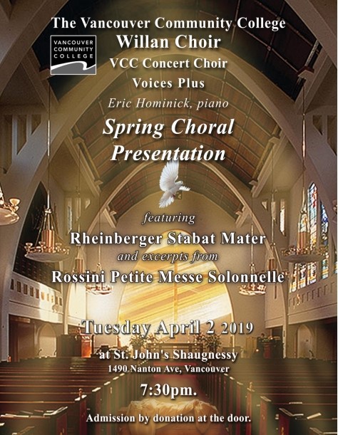 Spring Choral Presentation: The Willan Choir, Vancouver Community College Choir, Voices Plus @ Shaughnessy Heights United Church - Apr 02, 2019
