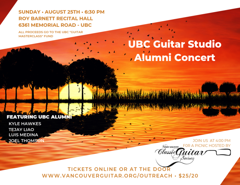UBC Guitar Studio Alumni Fundraiser: Kyle Hawkes, Tejay Liao, Luis Medina, Joel Thomson, Alec Pearson @ Roy Barnett Recital Hall Aug 25 2019 - May 7th @ Roy Barnett Recital Hall
