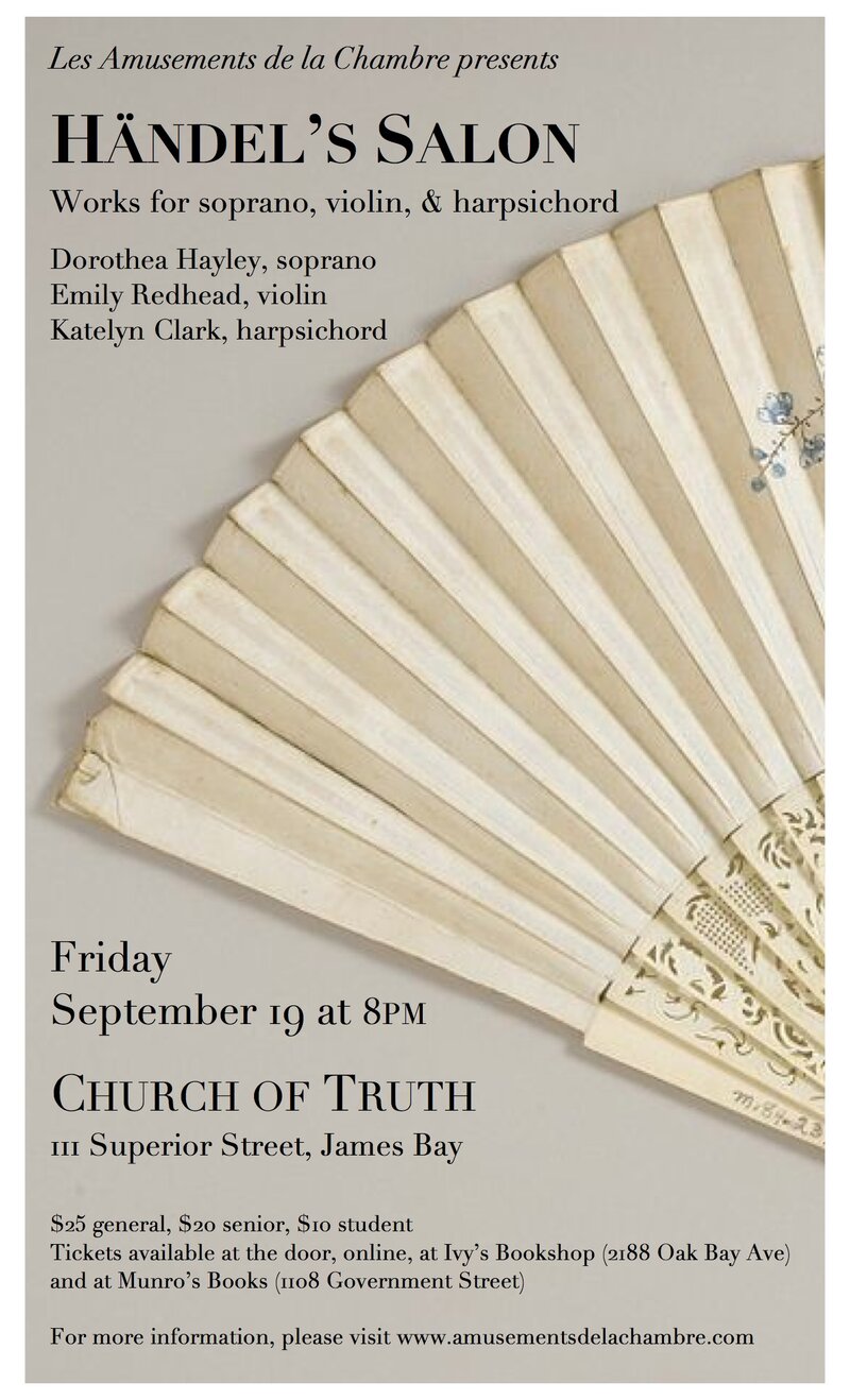 H&auml;ndel's Salon - Chamber Music Concert: Les Amusements de la Chambre, Katelyn Clark (harpsichord), Emily Redhead  (violin), Dorothea Hayley  (soprano) @ Church Of Truth Sep 19 2014 - Jun 4th @ Church Of Truth