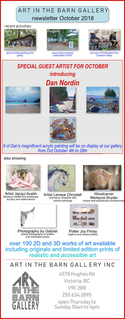 ART SHOW INTRODUCING DAN NORDIN: Dan Nordin, jacqui austin, Gabriel Taschereau, Lenaya Chrystall, Merlayna Snyder, Joy Finlay @ Art In The Barn Gallery Oct 4 2018 - Jun 8th @ Art In The Barn Gallery