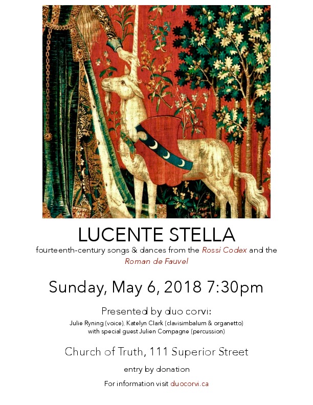 Lucente Stella: Fourteenth-Century Music for Voice, Organetto, and Percussion @ Church Of Truth May 6 2018 - Jun 8th @ Church Of Truth