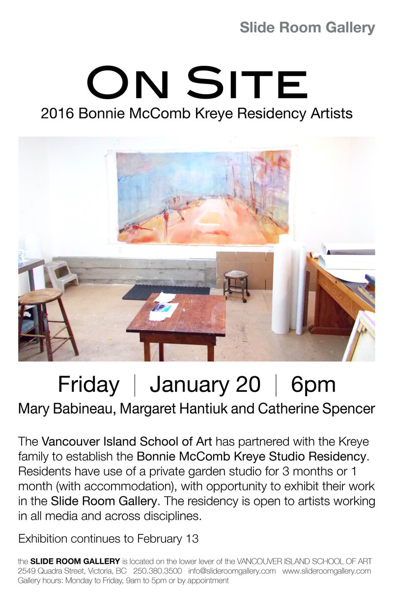 ON SITE Bonnie McComb Kreye Residency Exhibition: Mary Babineau, Margaret Hantiuk, Catherine Spencer @ Slide Room Gallery Jan 20 2017 - May 5th @ Slide Room Gallery