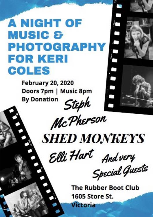 Night of Music & Photography for Keri: Shed Monkeys, Elli Hart, Steph Macpherson @ The Rubber Boot Club Feb 20 2020 - May 6th @ The Rubber Boot Club
