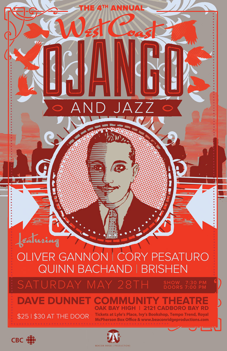 4th Annual West Coast Django & Jazz: Oliver Gannon, Cory Pesaturo, Quinn Bachand's Brishen, Quinn Bachand, Cari Burdett @ Dave Dunnet Community Theatre, Oak Bay High, 2121 Cadboro  Bay R - May 28, 2016