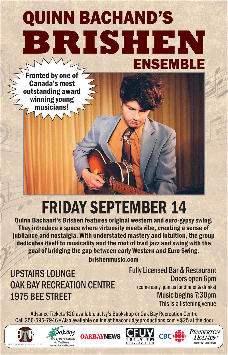 Gypsy Jazz and Swing!: Quinn Bachand's Brishen @ Upstairs Lounge @ Recreation Oak Bay Sep 14 2018 - May 6th @ Upstairs Lounge @ Recreation Oak Bay